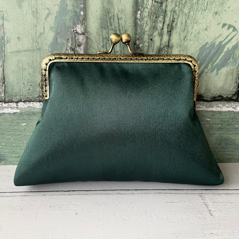 Dark Green Satin 5.5 Inch Clasp Purse Frame Clutch Bag