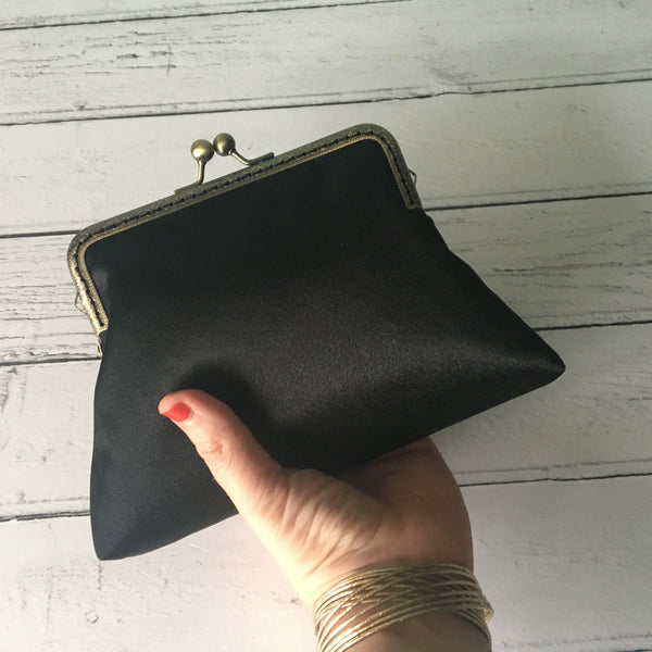 Black Satin 5.5 Clasp Purse Frame Clutch Bag