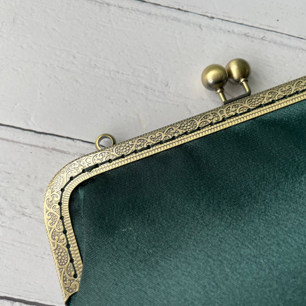 Dark Green Satin 8 Inch Bronze Clasp Purse Frame Clutch Bag