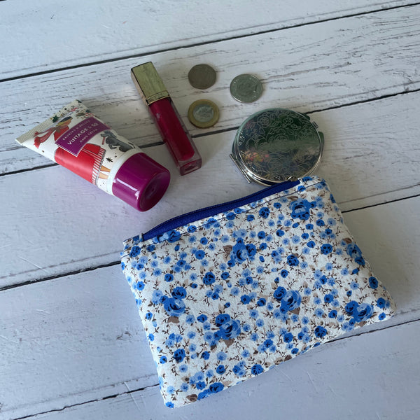 Blue Roses Ditzy Floral Cotton Coin Zipper Purse Pouch