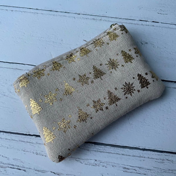 Gold Christmas Trees and Snowflakes Beige Cotton Zip Coin Purse Pouch