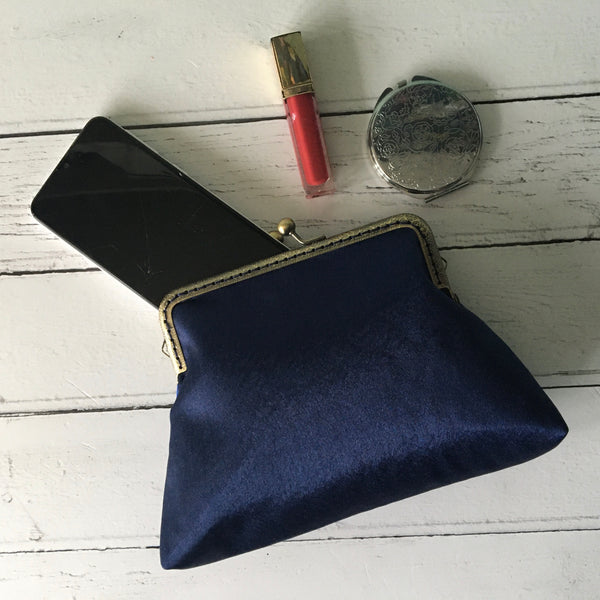 Navy Blue Satin 5.5 Clasp Purse Frame Clutch Bag