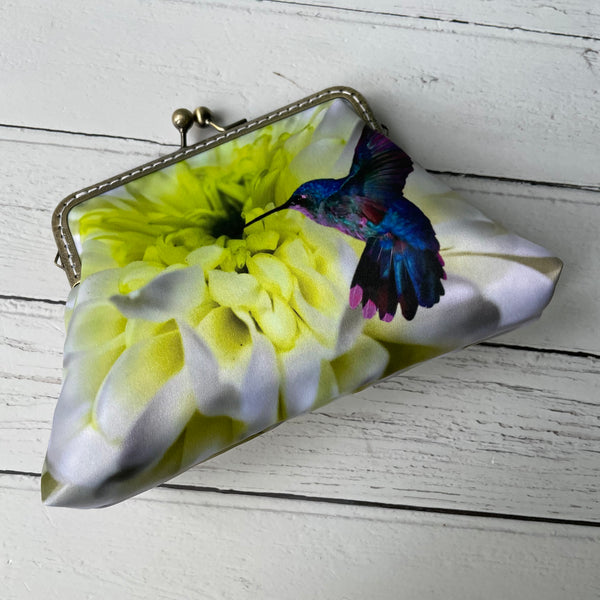 White Lime Chrysanthemum and Hummingbird Satin 5.5 Bronze Clasp Purse Frame Clutch Bag