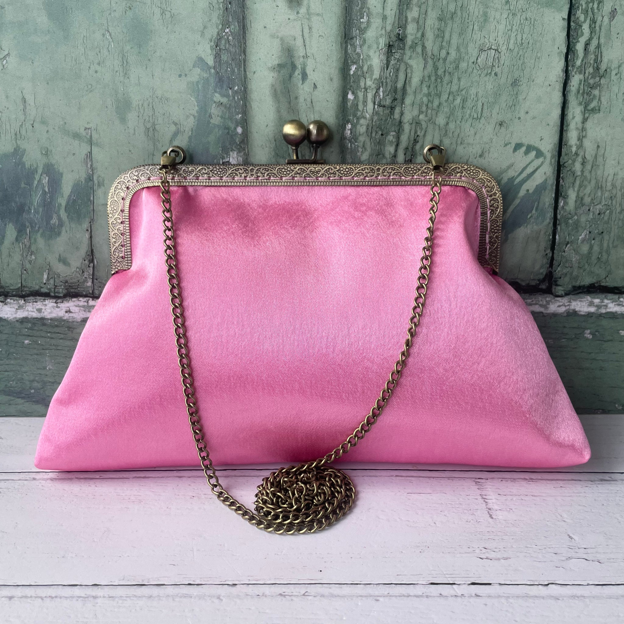 Rose Pink Satin 8 Inch Bronze Clasp Purse Frame Clutch Bag