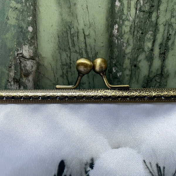 White Snowy Winter Flowers Floral Satin 5.5 Inch Bronze Clasp Purse Frame Clutch Bag