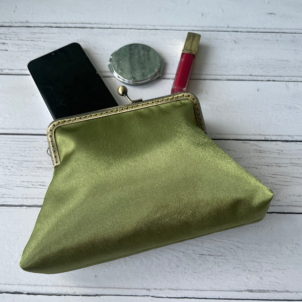 Olive Green Satin 5.5 Inch Clasp Purse Frame Clutch Bag