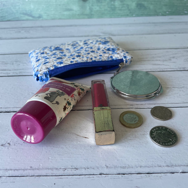 Blue Roses Ditzy Floral Cotton Coin Zipper Purse Pouch