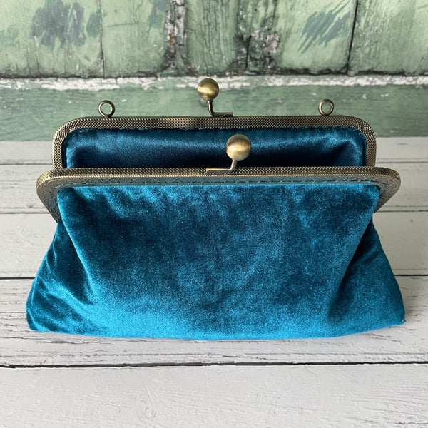 Petrol Blue Velvet 8 Inch Bronze Clasp Purse Frame Clutch Bag
