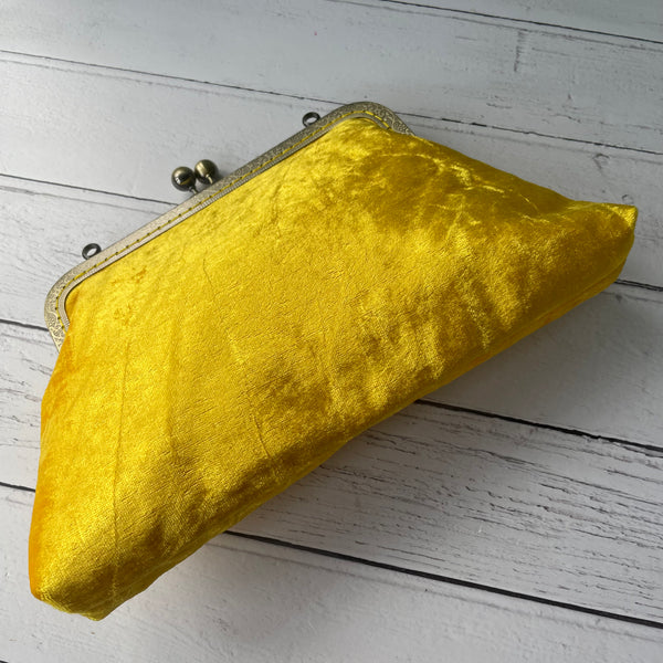 Sunflower Yellow Crushed Velvet 8 Inch Bronze Clasp Purse Frame Clutch Bag