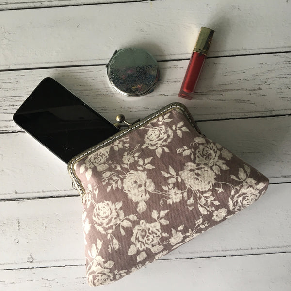 Grey and White Vintage Style Rose Floral Clutch Bag