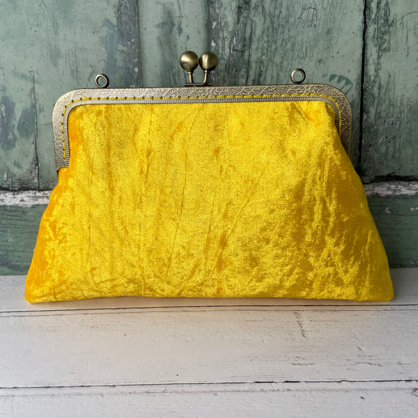 Sunflower Yellow Crushed Velvet 8 Inch Bronze Clasp Purse Frame Clutch Bag