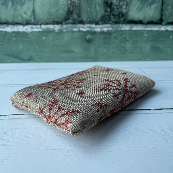 Red Snowflakes Beige Cotton Zip Coin Purse Pouch