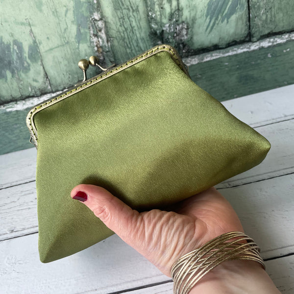 Olive Green Satin 5.5 Inch Clasp Purse Frame Clutch Bag