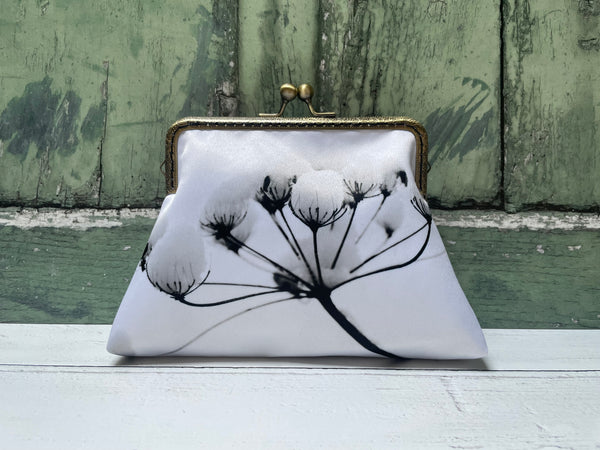 White Snowy Winter Flowers Floral Satin 5.5 Inch Bronze Clasp Purse Frame Clutch Bag