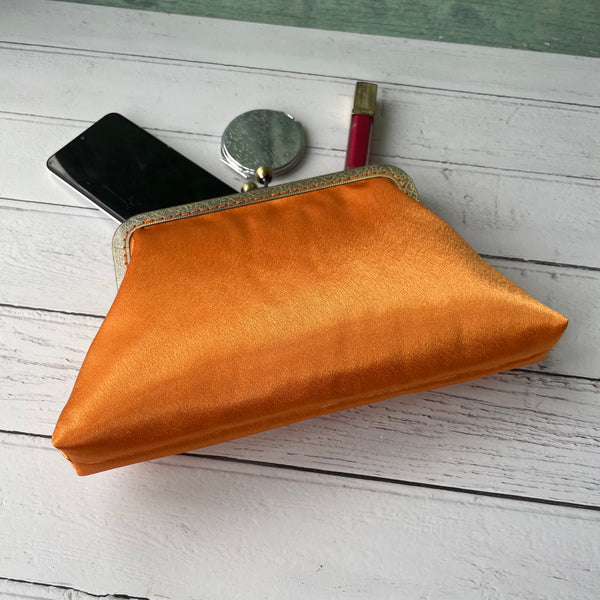 Tangerine Orange Satin 8 Inch Bronze Clasp Purse Frame Clutch Bag