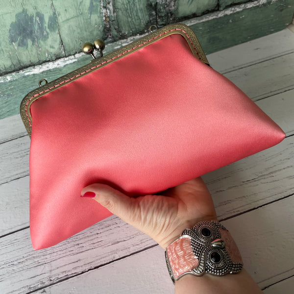 Coral Pink Satin 8 Sew-In Bronze Clasp Purse Frame Clutch Bag