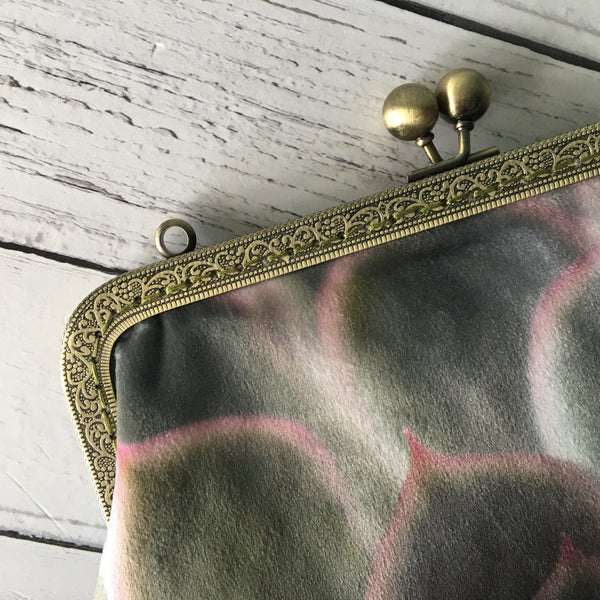 Green and Pink Echeveria Hercules Succulent Velvet 8 Inch Clasp Purse Frame Clutch Bag