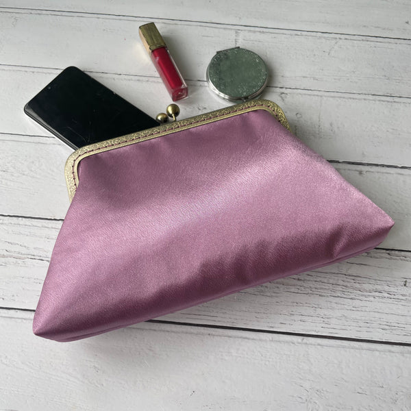 Antique Dusty Pink Satin 8 Inch Bronze Clasp Purse Frame Clutch Bag