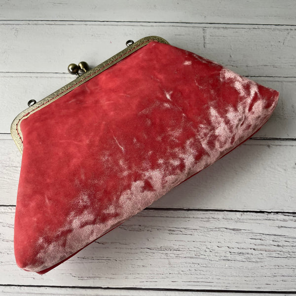 Coral Pink Crushed Ice Velvet 8 Inch Bronze Clasp Purse Frame Clutch Bag