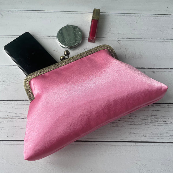 Rose Pink Satin 8 Inch Bronze Clasp Purse Frame Clutch Bag