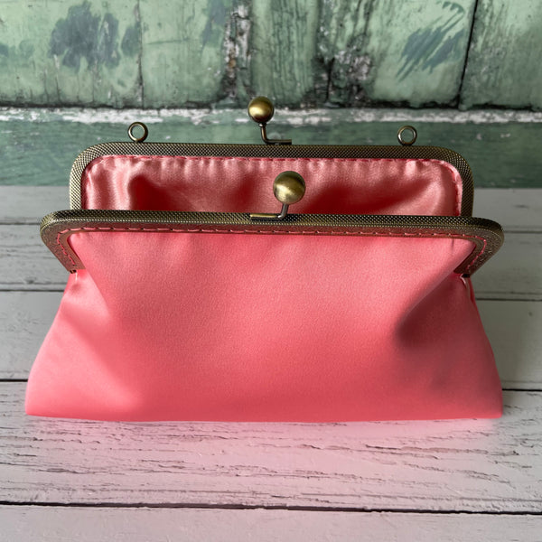 Coral Pink Satin 8 Sew-In Bronze Clasp Purse Frame Clutch Bag
