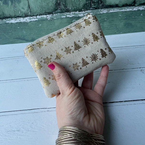 Gold Christmas Trees and Snowflakes Beige Cotton Zip Coin Purse Pouch