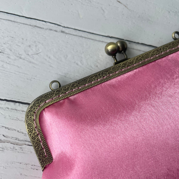 Rose Pink Satin 8 Inch Bronze Clasp Purse Frame Clutch Bag