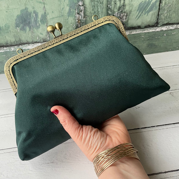 Dark Green Satin 8 Inch Bronze Clasp Purse Frame Clutch Bag