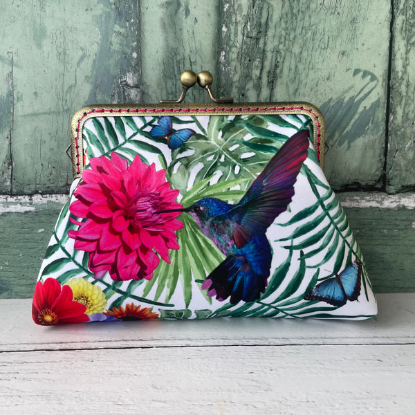Tropical Hummingbird and Butterfly Satin 5.5 Inch Bronze Clasp Purse Frame Clutch Bag