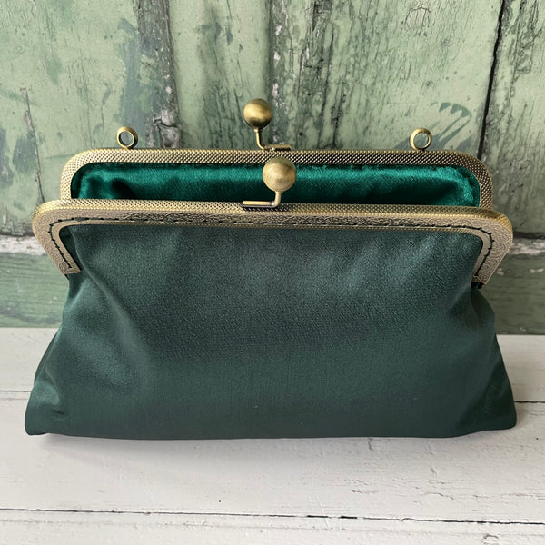 Dark Green Satin 8 Inch Bronze Clasp Purse Frame Clutch Bag