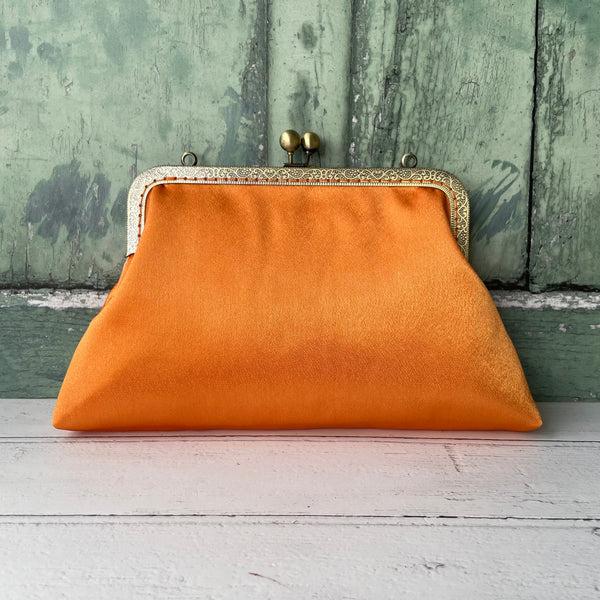 Tangerine Orange Satin 8 Inch Bronze Clasp Purse Frame Clutch Bag