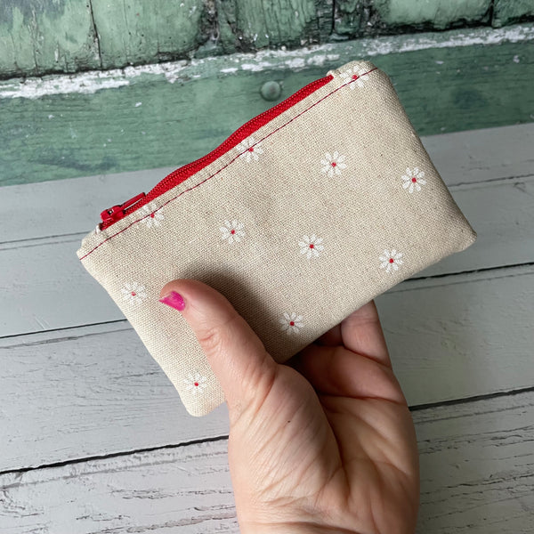 White Daisies Floral Cotton Zip Coin Purse Pouch