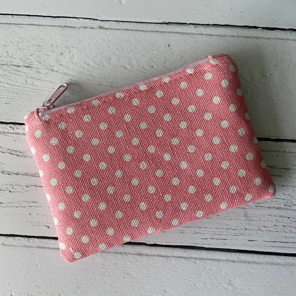 Pink and White Polka Dot Cotton Zip Coin Purse Pouch