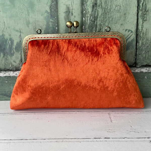 Burnt Orange Crushed Velvet 8 Sew-In Bronze Clasp Purse Frame Clutch Bag