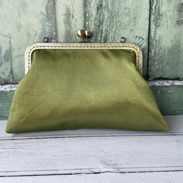 Olive Green Satin 8 Inch Bronze Clasp Purse Frame Clutch Bag