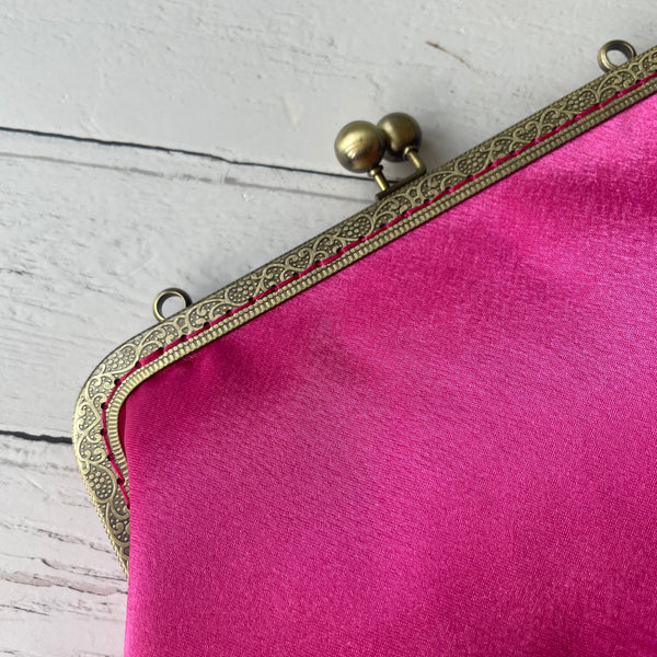 Hot Pink Satin 8 Inch Bronze Clasp Purse Frame Clutch Bag