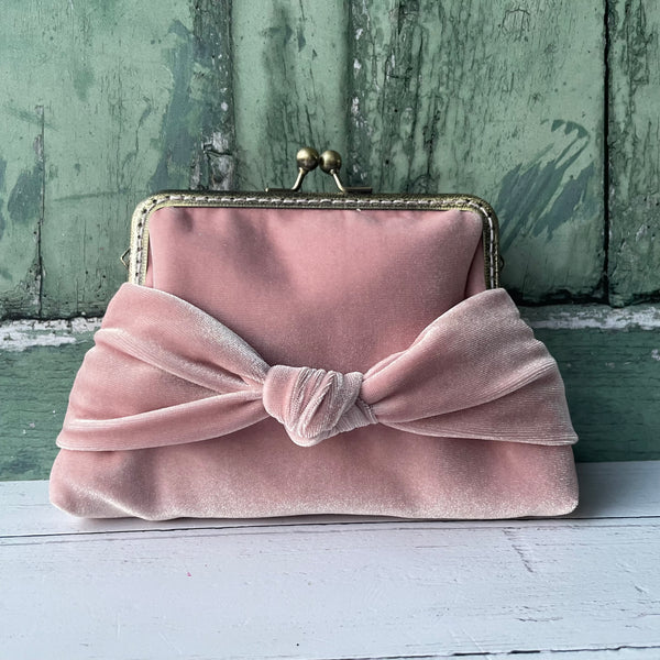 Crepe Pink Knot Bow Velvet 5.5 Inch Sew In Clasp Purse Frame Clutch Bag