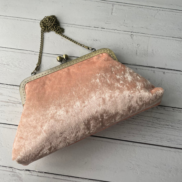 Light Peach Crushed Velvet 8 Inch Bronze Clasp Purse Frame Clutch Bag