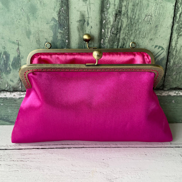 Fuchsia Pink Satin 8 Inch Bronze Clasp Purse Frame Clutch Bag