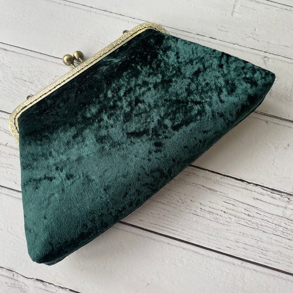 Dark Green Crushed Velvet 8 Inch Bronze Clasp Purse Frame Clutch Bag