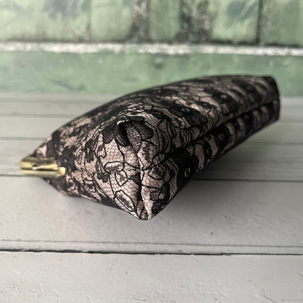Champagne Satin and Black Floral Lace 5.5 Inch Clasp Purse Frame Clutch Bag