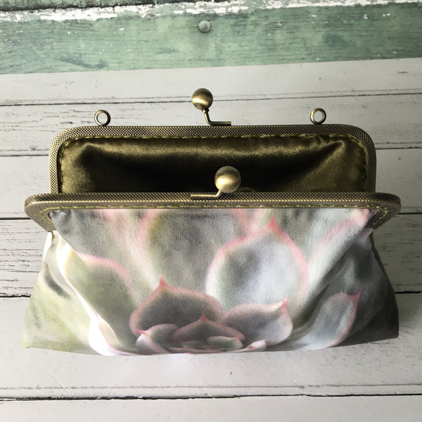 Green and Pink Echeveria Hercules Succulent Velvet 8 Inch Clasp Purse Frame Clutch Bag