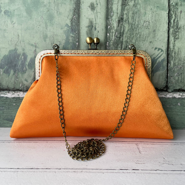 Tangerine Orange Satin 8 Inch Bronze Clasp Purse Frame Clutch Bag