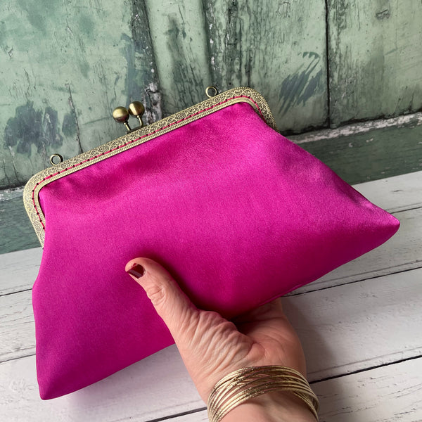 Fuchsia Pink Satin 8 Inch Bronze Clasp Purse Frame Clutch Bag