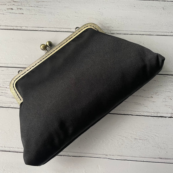 Black Satin 8 Inch Sew-In Bronze Clasp Purse Frame Clutch Bag