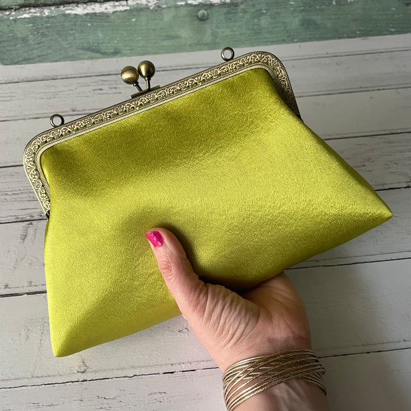 Lime Green Satin 8 Sew-In Bronze Clasp Purse Frame Clutch Bag