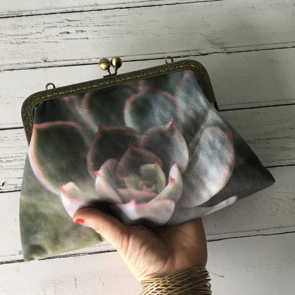 Green and Pink Echeveria Hercules Succulent Velvet 8 Inch Clasp Purse Frame Clutch Bag