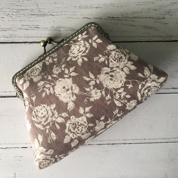 Grey and White Vintage Style Rose Floral Clutch Bag