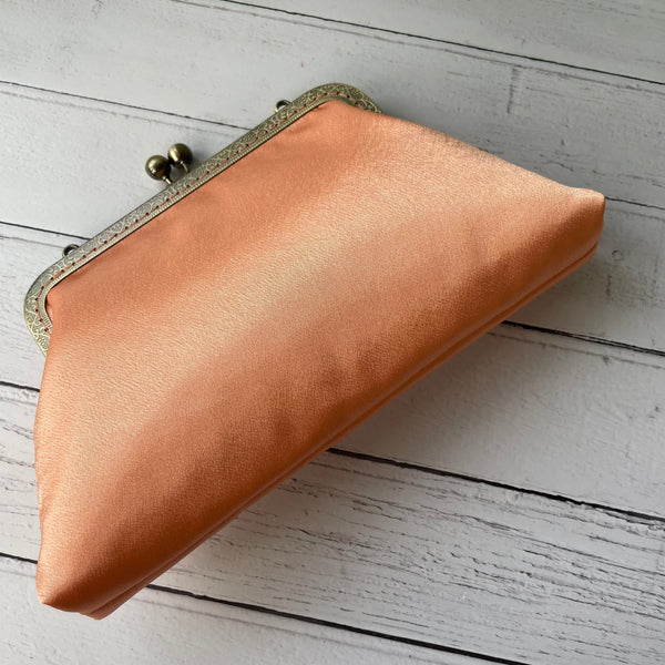 Peachy Orange Satin 8 Inch Bronze Clasp Purse Frame Clutch Bag