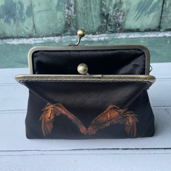 Black and Bronze Angel Wings Satin 5.5 Inch Clasp Purse Frame Clutch Bag